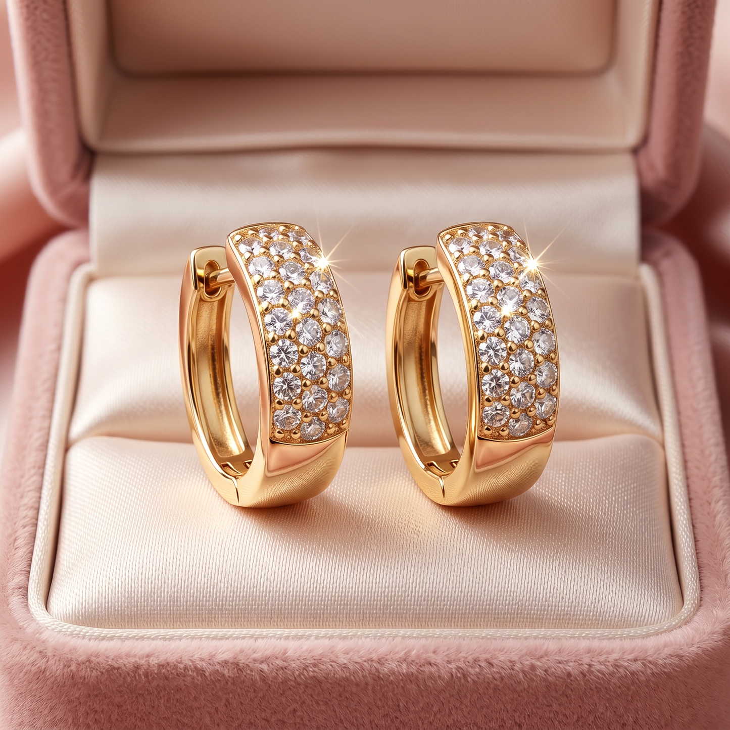 Blistave gold karike sa cirkonima u roze poklon kutijici