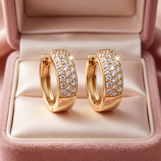 Blistave gold karike sa cirkonima u roze poklon kutijici