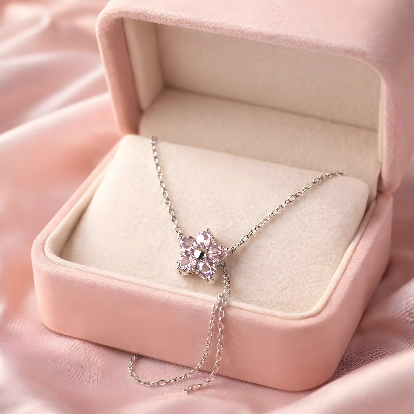 Ogrlica sa svetlucavim pink priveskom.